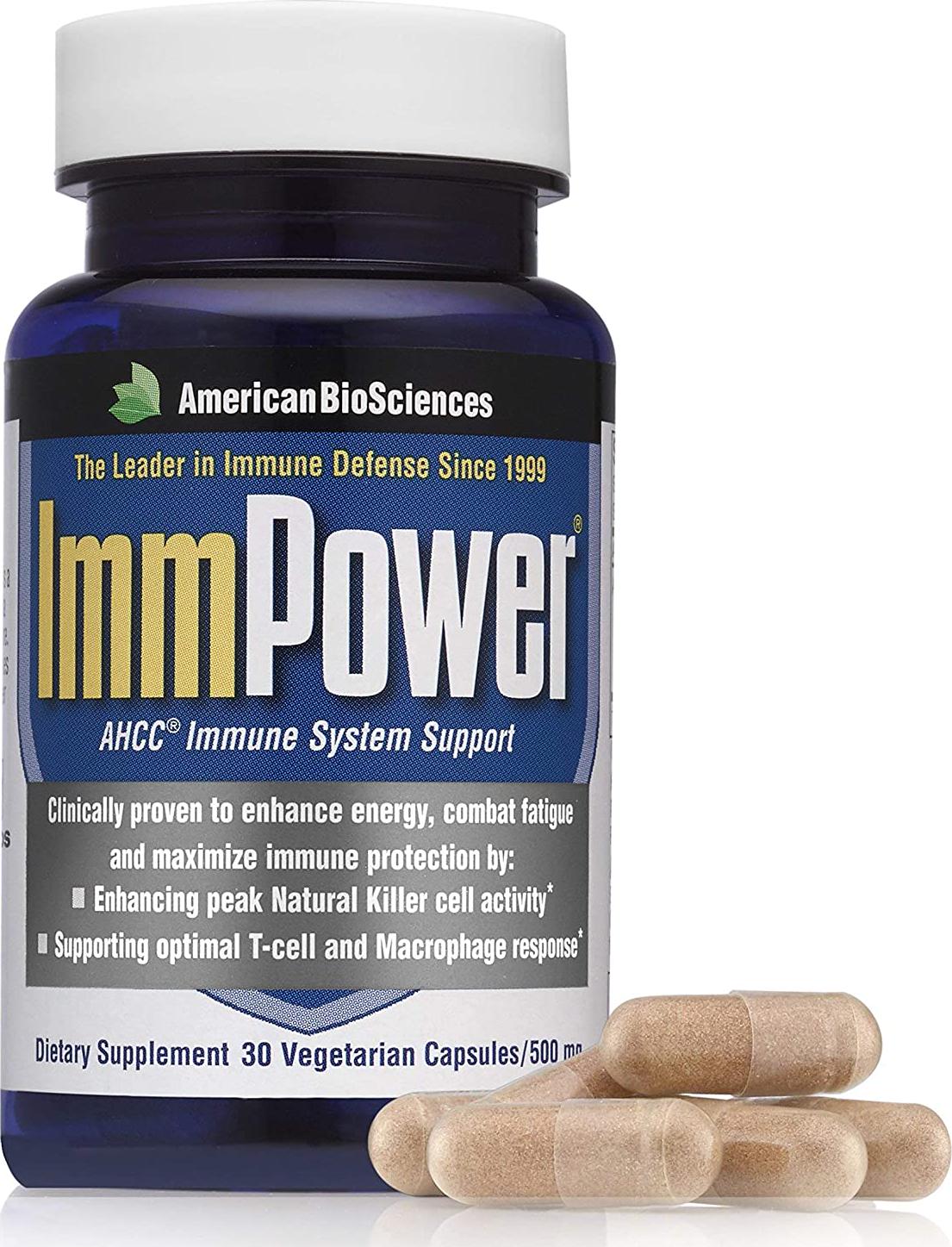 American BioSciences ImmPower AHCC Supplement, Enhanced Immune Support, Natural Killer Cell Activity and Cytokine Production, 30 Vegetarian Capsules, 500 milligrams per Capsule