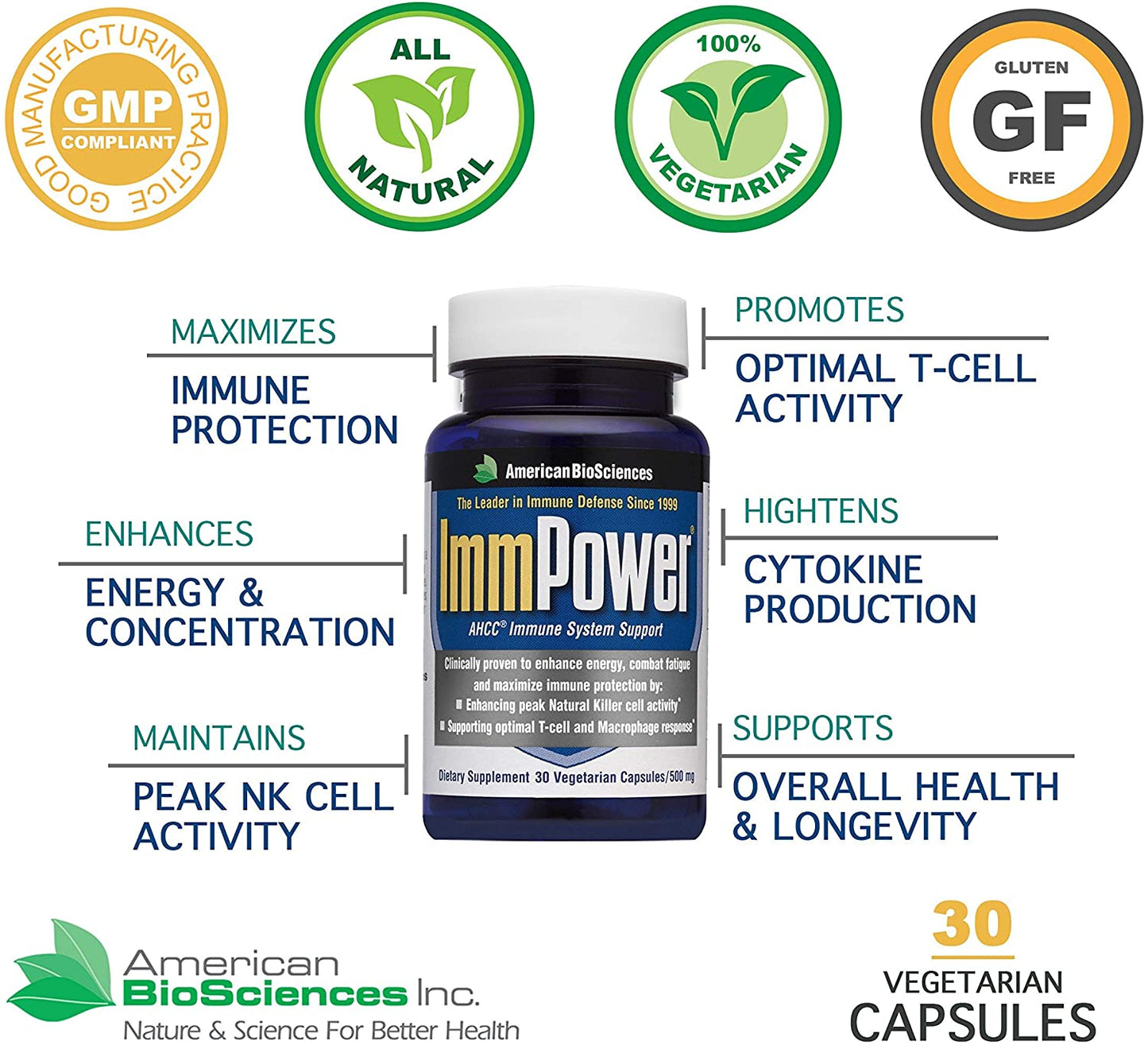 American BioSciences ImmPower AHCC Supplement, Enhanced Immune Support, Natural Killer Cell Activity and Cytokine Production, 30 Vegetarian Capsules, 500 milligrams per Capsule