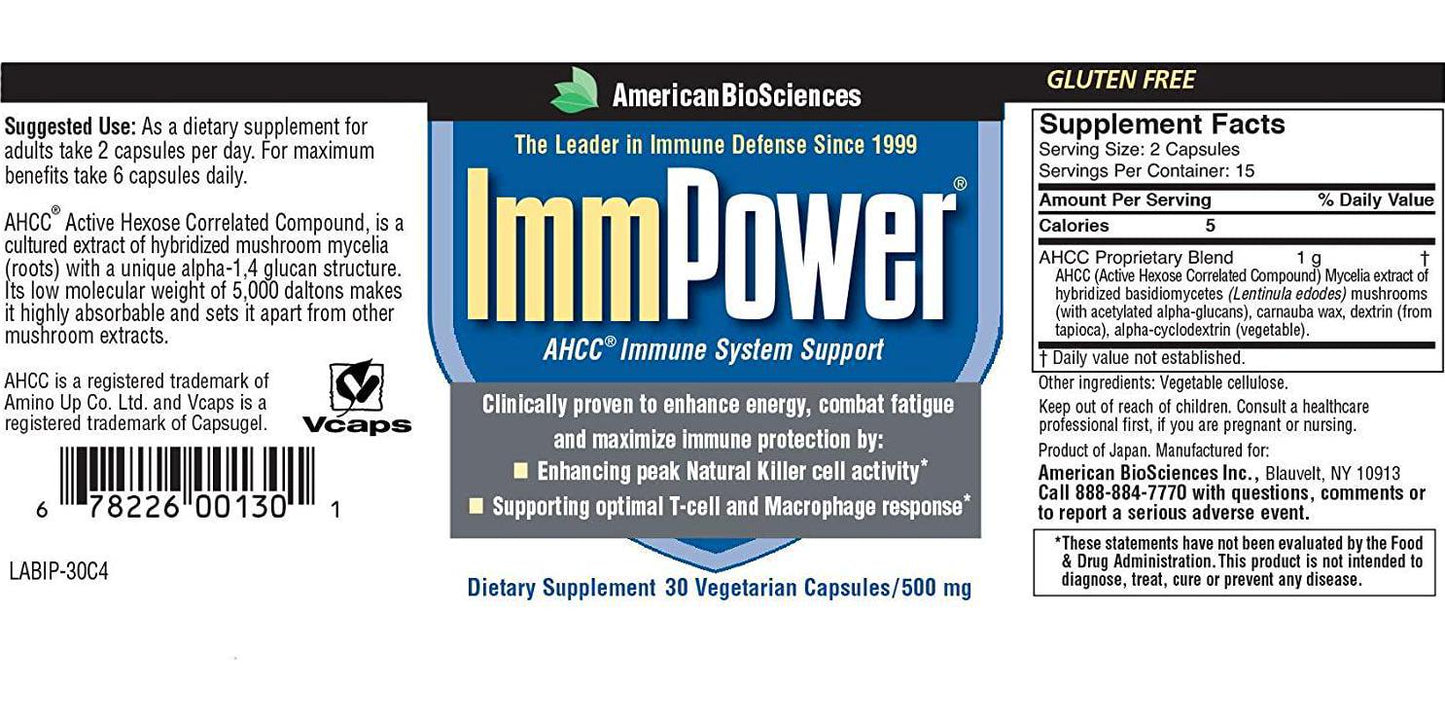 American BioSciences ImmPower AHCC Supplement, Enhanced Immune Support, Natural Killer Cell Activity and Cytokine Production, 30 Vegetarian Capsules, 500 milligrams per Capsule