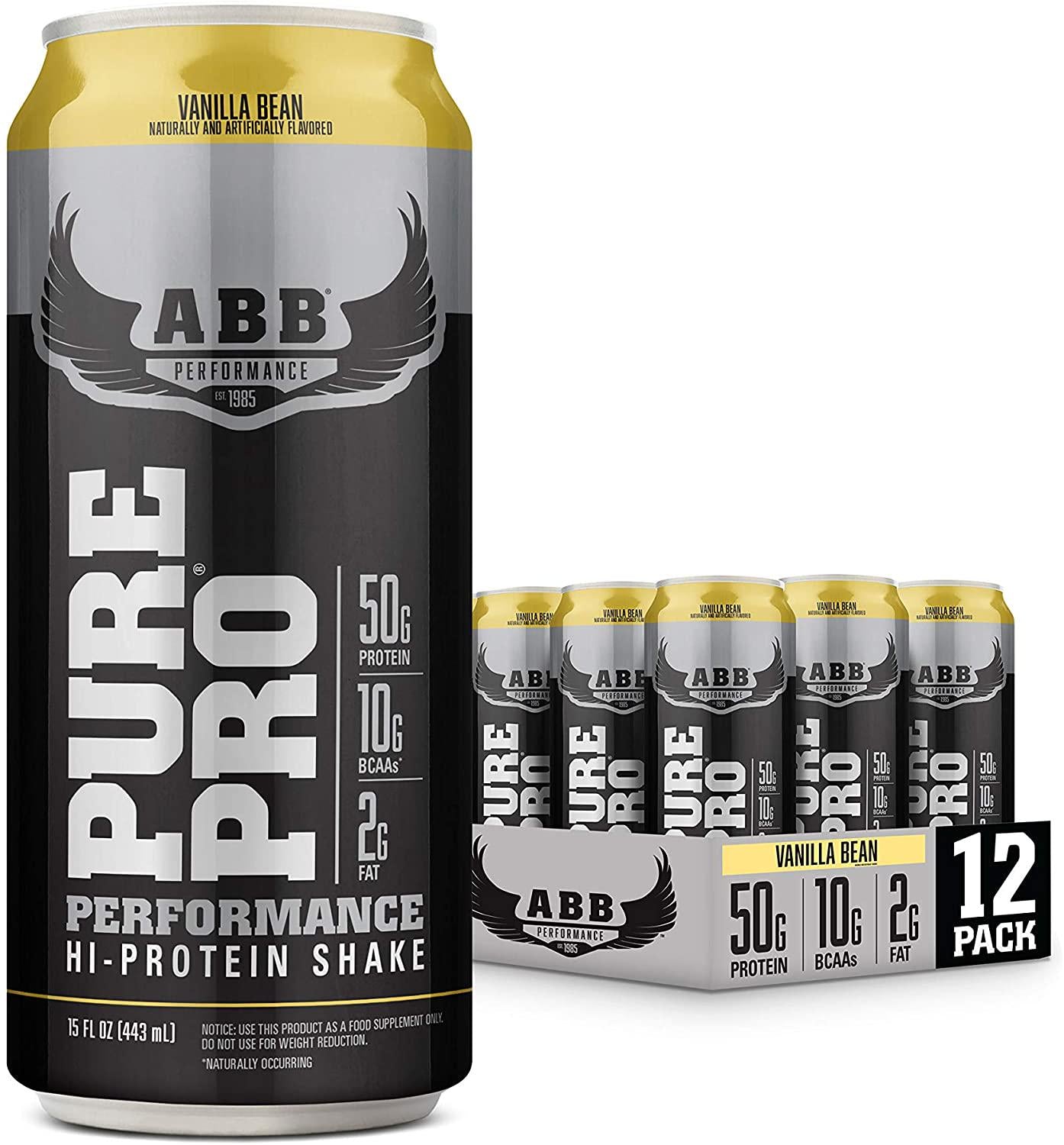 American Body Building (ABB) Pure Pro 50, Post-Workout Recovery Protein Shake, Muscle Builder, HI-Protein, Low Fat, Low Sugar, Vanilla Flavored, Ready to Drink 15 oz Bottles, 12 Count