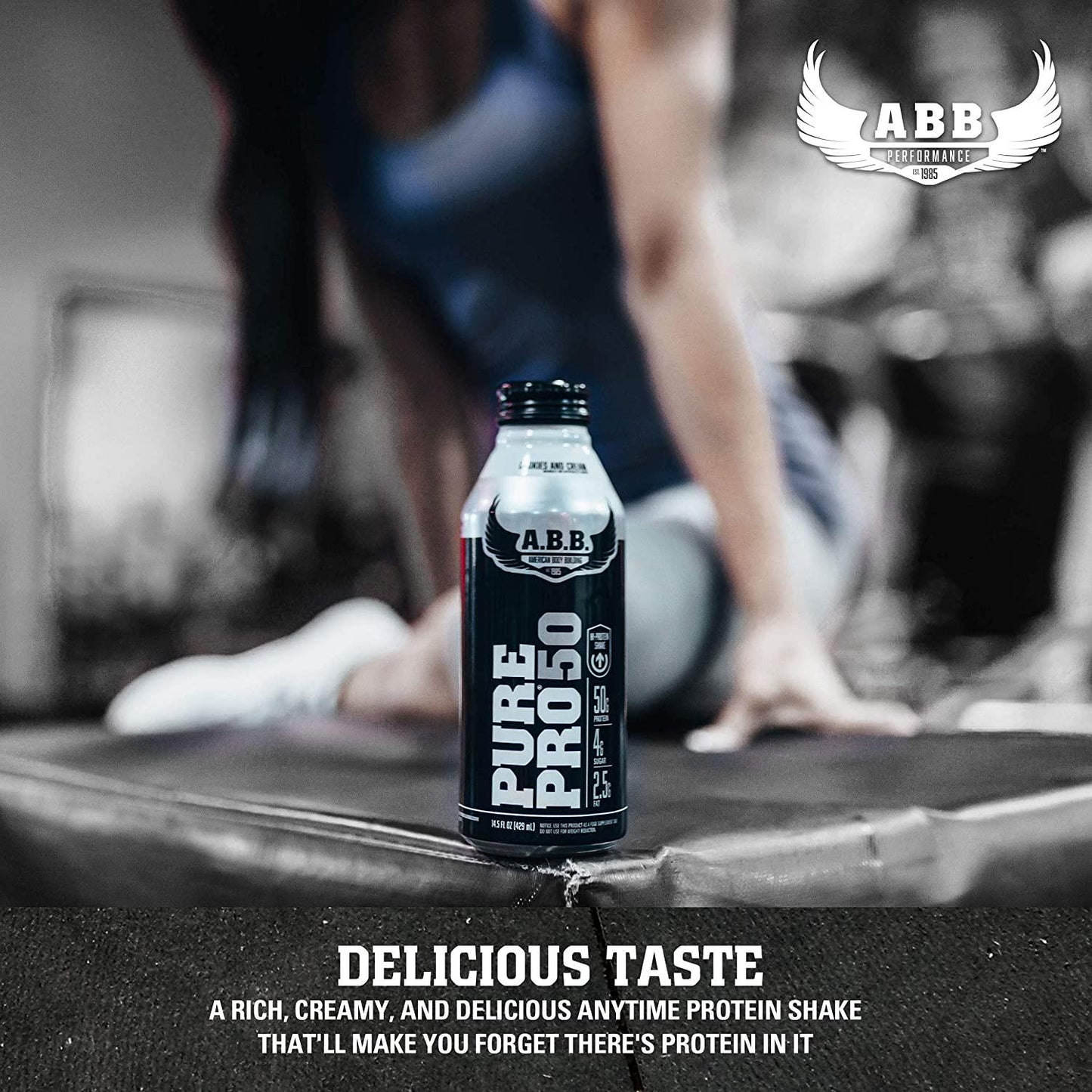 American Body Building (ABB) Pure Pro 50, Post-Workout Recovery Protein Shake, Muscle Builder, HI-Protein, Low Fat, Low Sugar, Vanilla Flavored, Ready to Drink 15 oz Bottles, 12 Count