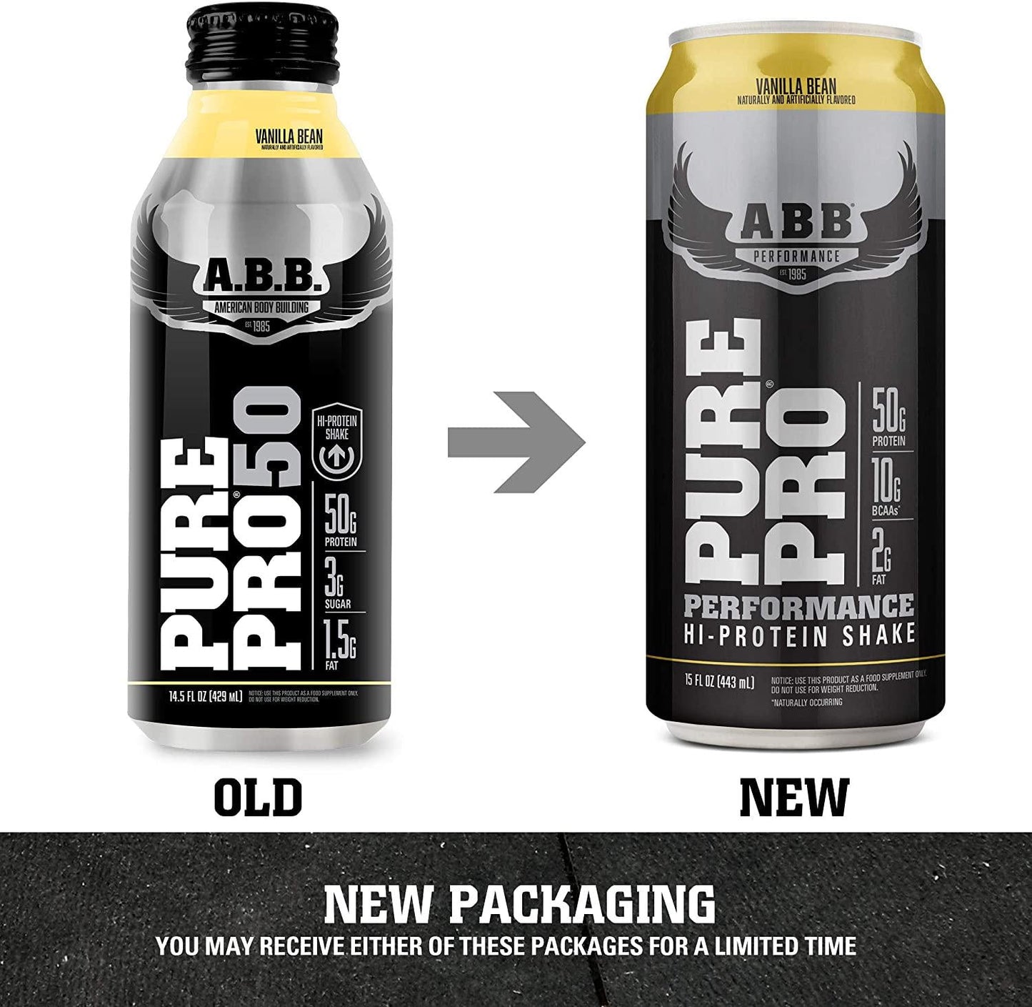 American Body Building (ABB) Pure Pro 50, Post-Workout Recovery Protein Shake, Muscle Builder, HI-Protein, Low Fat, Low Sugar, Vanilla Flavored, Ready to Drink 15 oz Bottles, 12 Count