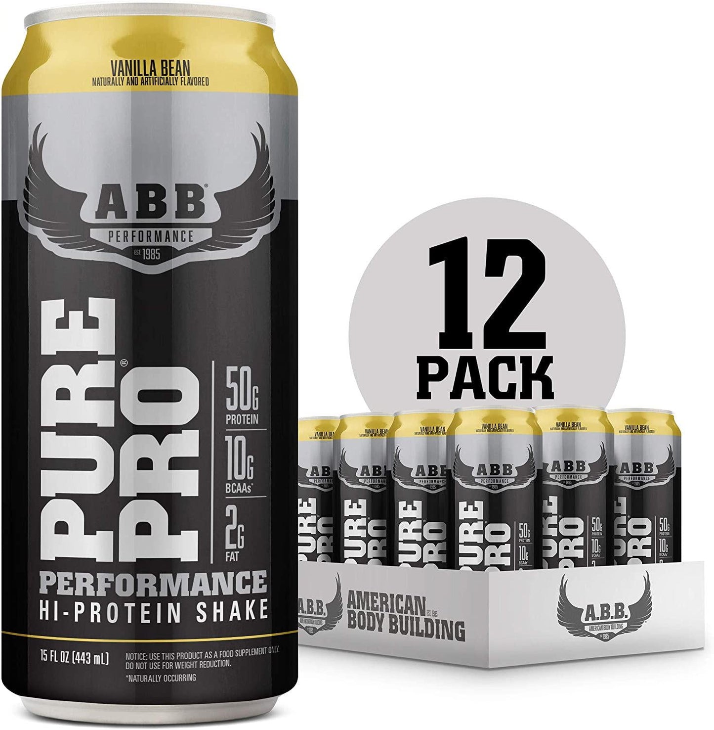 American Body Building (ABB) Pure Pro 50, Post-Workout Recovery Protein Shake, Muscle Builder, HI-Protein, Low Fat, Low Sugar, Vanilla Flavored, Ready to Drink 15 oz Bottles, 12 Count