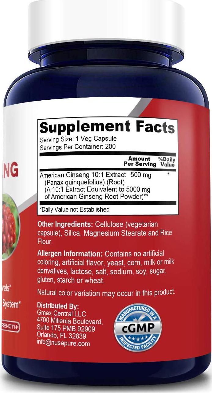 American Ginseng 500 mg 200 Capsules (Non-GMO and Gluten Free) - Supports Focus, Energy and Immunity Booster, Panax Ginseng Root Extract for Men and Women