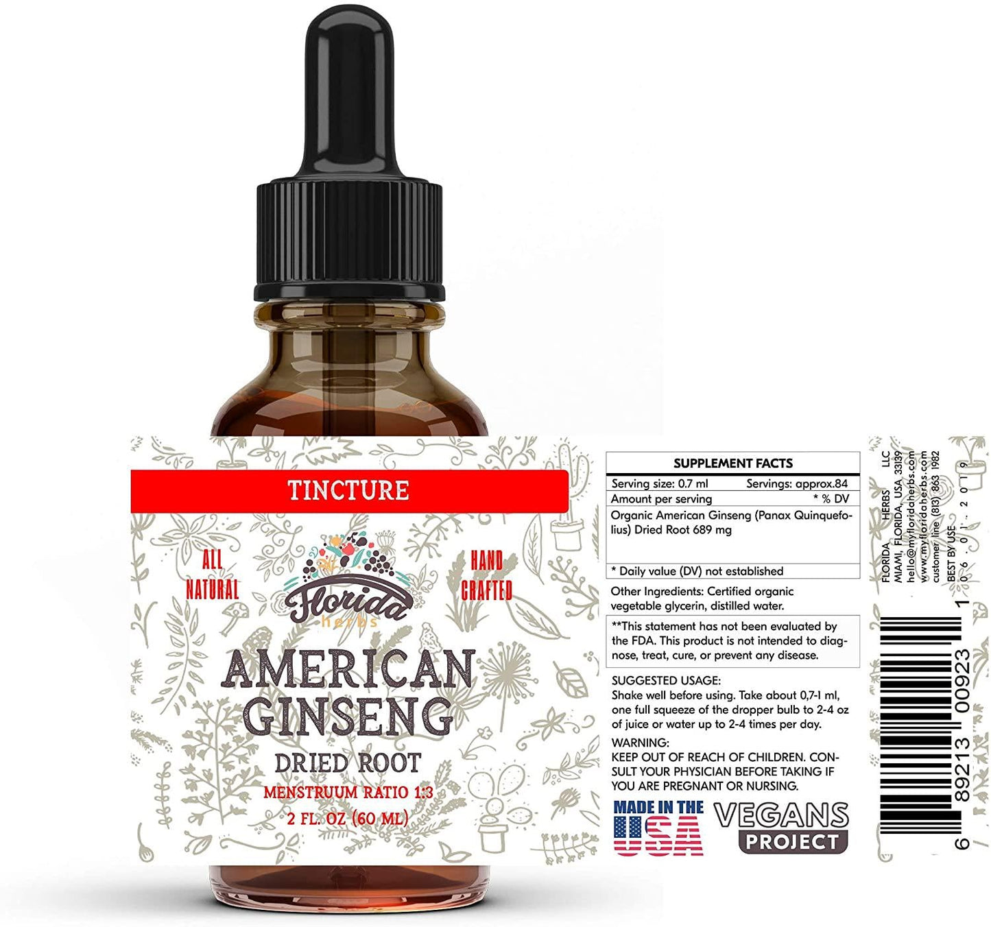 American Ginseng Tincture Extract, Organic American Ginseng (Panax Quinquefolius) Dried Root Supplement, Non-GMO in Cold-Pressed Organic Vegetable Glycerin 700 mg, 2 oz (60 ml)