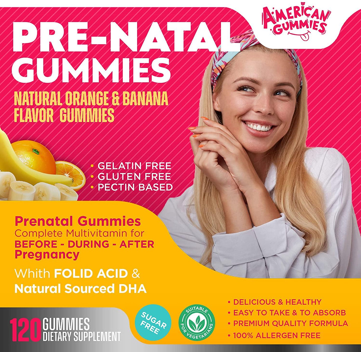 American Gummies Halal Pre-Natal Dietary Supplement, Easily Chewable Gummies for Her Before, During and After Pregnancy 120 Gummies