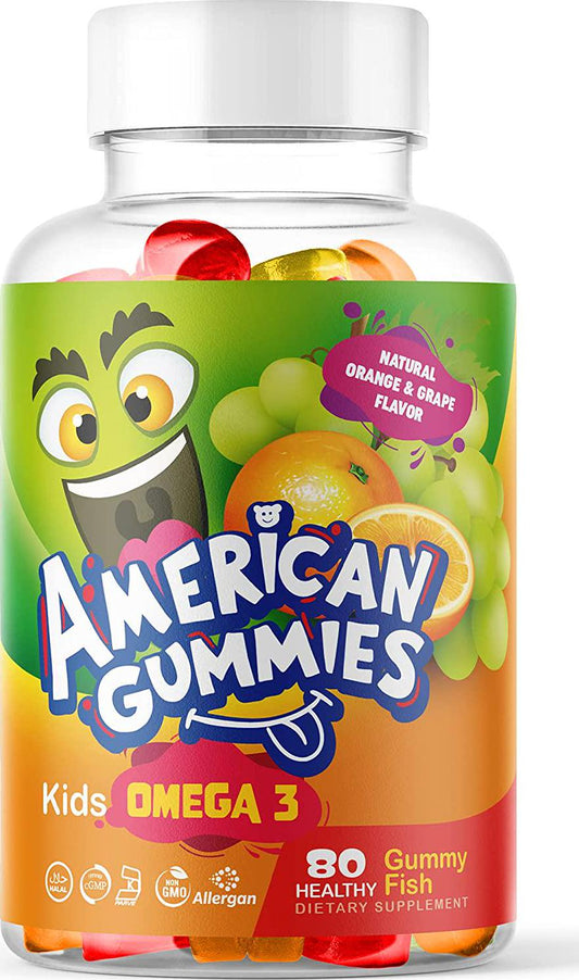 American Gummies Halal Omega-3 for Kids: Daily Chewable Gummy Supplement, Natural Orange Flavor, Fatty Acids Promote Heart Health and Cognitive Development 80 Gummies