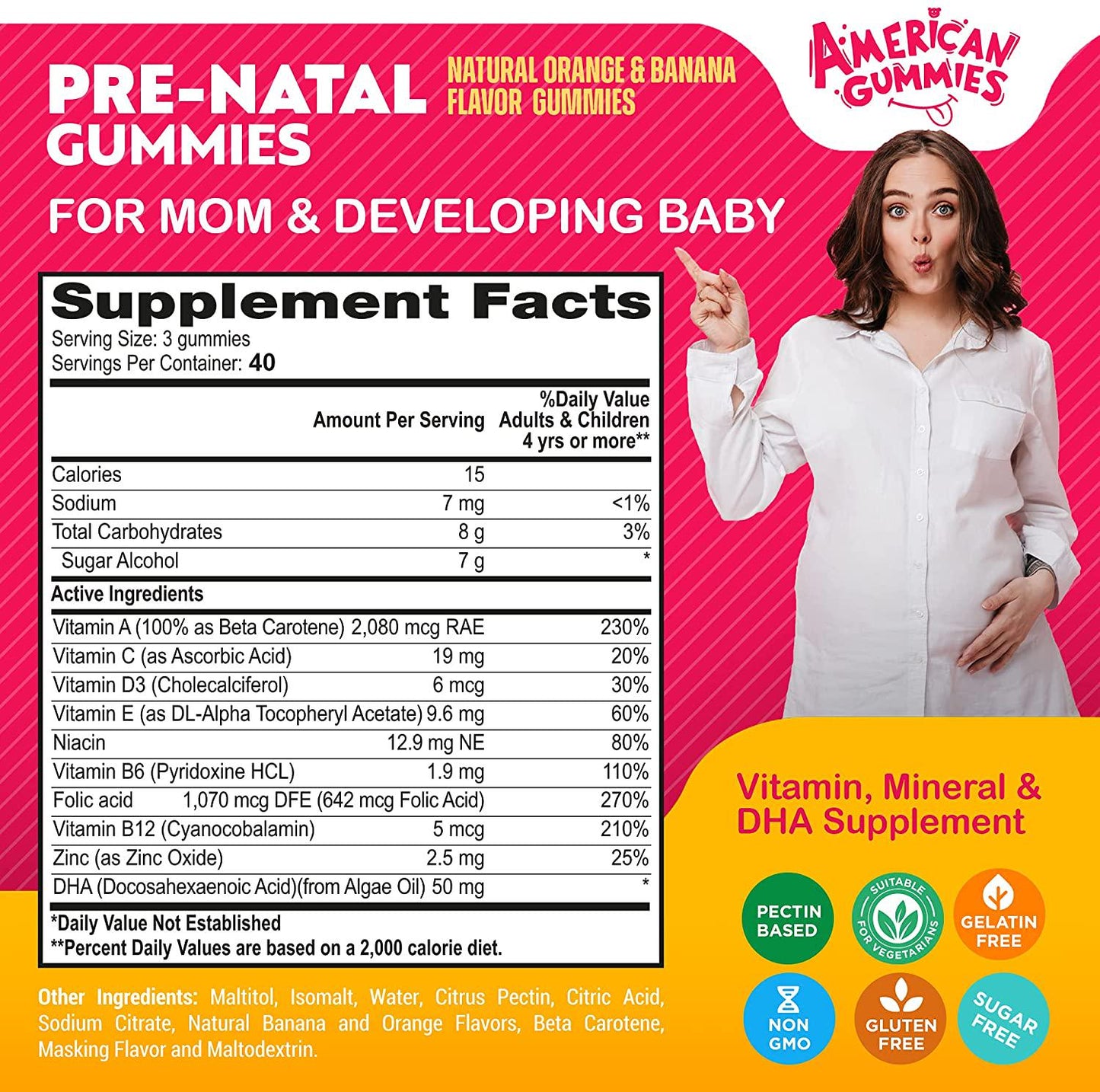 American Gummies Halal Pre-Natal Dietary Supplement, Easily Chewable Gummies for Her Before, During and After Pregnancy 120 Gummies