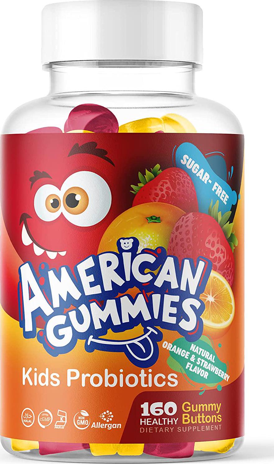 American Gummies Halal Sugar Free Probiotic for Kids: Delicious Orange and Strawberry Flavors, Enhance Digestion, Lessen Tummy Discomfort, 160 Gummies
