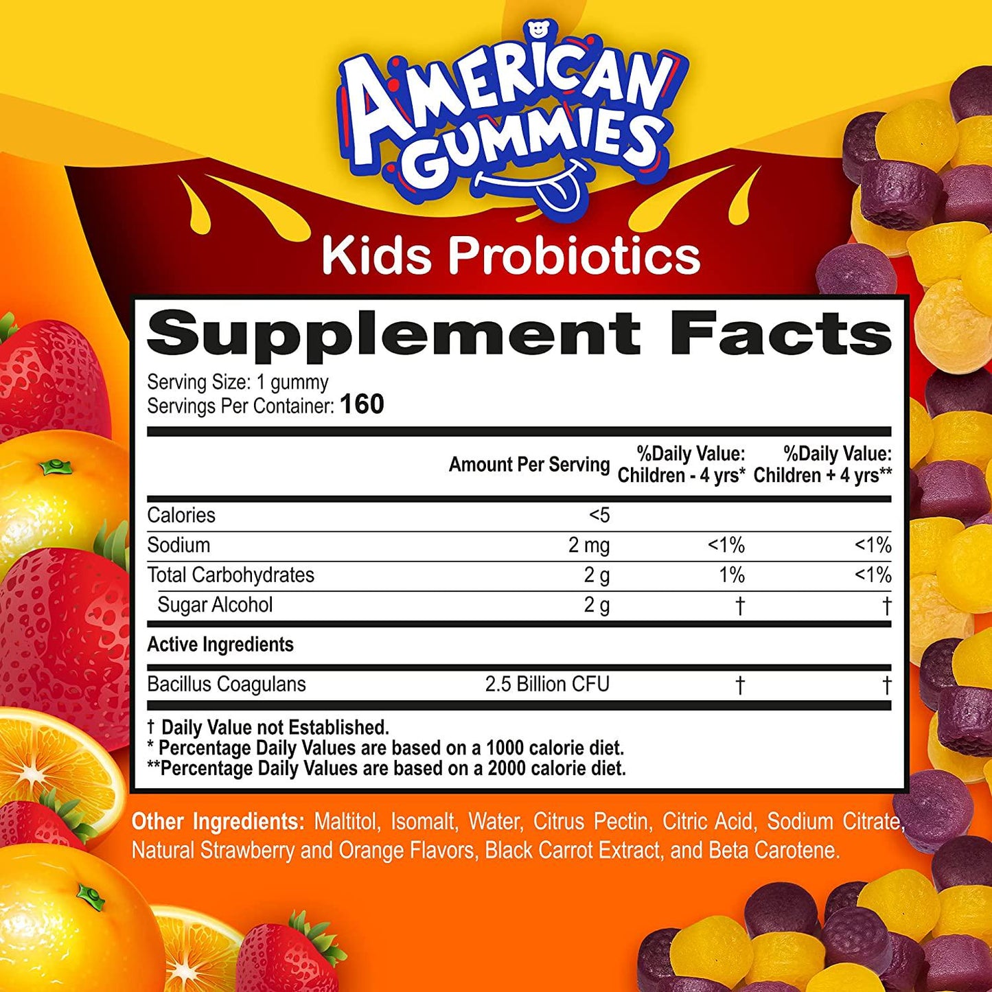 American Gummies Halal Sugar Free Probiotic for Kids: Delicious Orange and Strawberry Flavors, Enhance Digestion, Lessen Tummy Discomfort, 160 Gummies