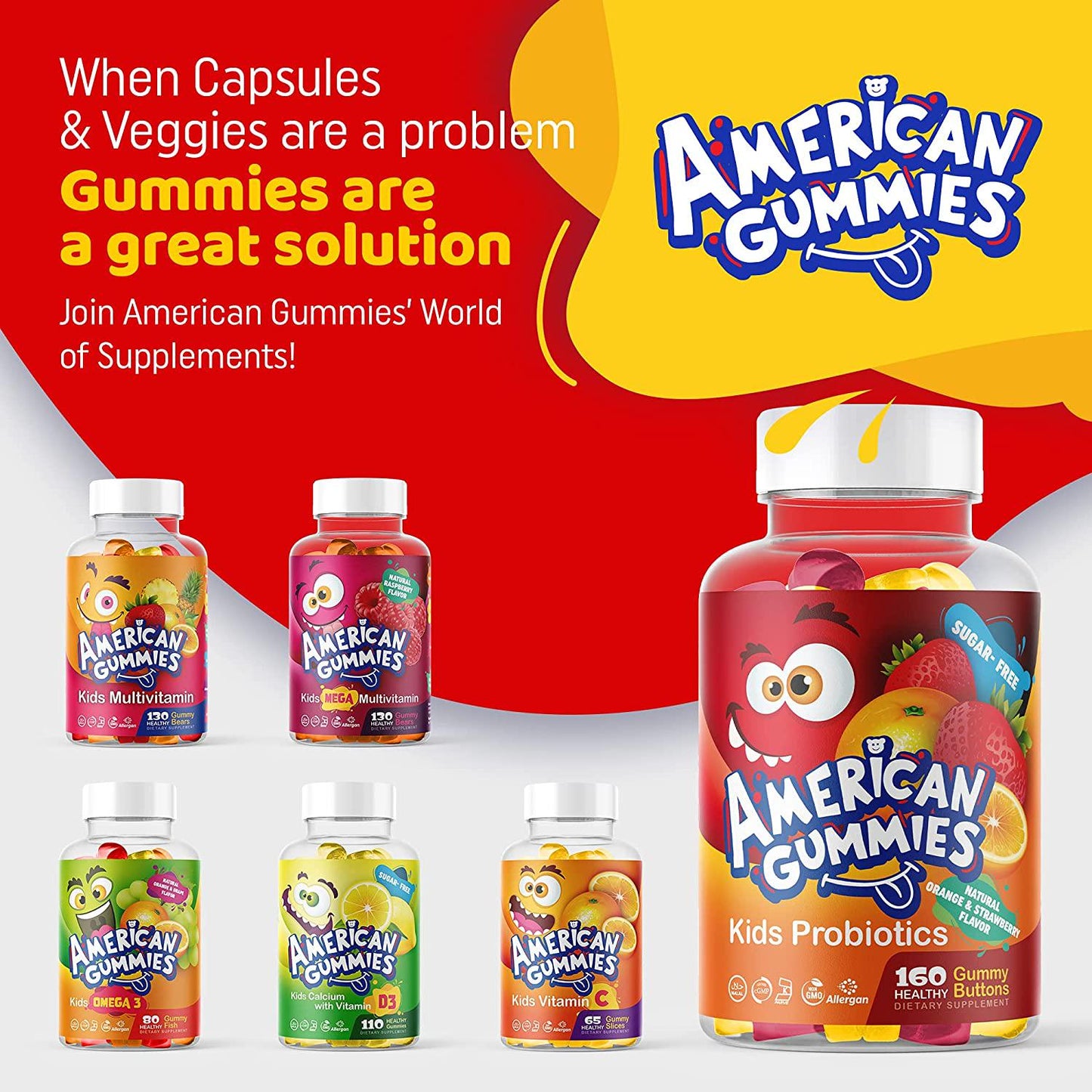 American Gummies Halal Sugar Free Probiotic for Kids: Delicious Orange and Strawberry Flavors, Enhance Digestion, Lessen Tummy Discomfort, 160 Gummies