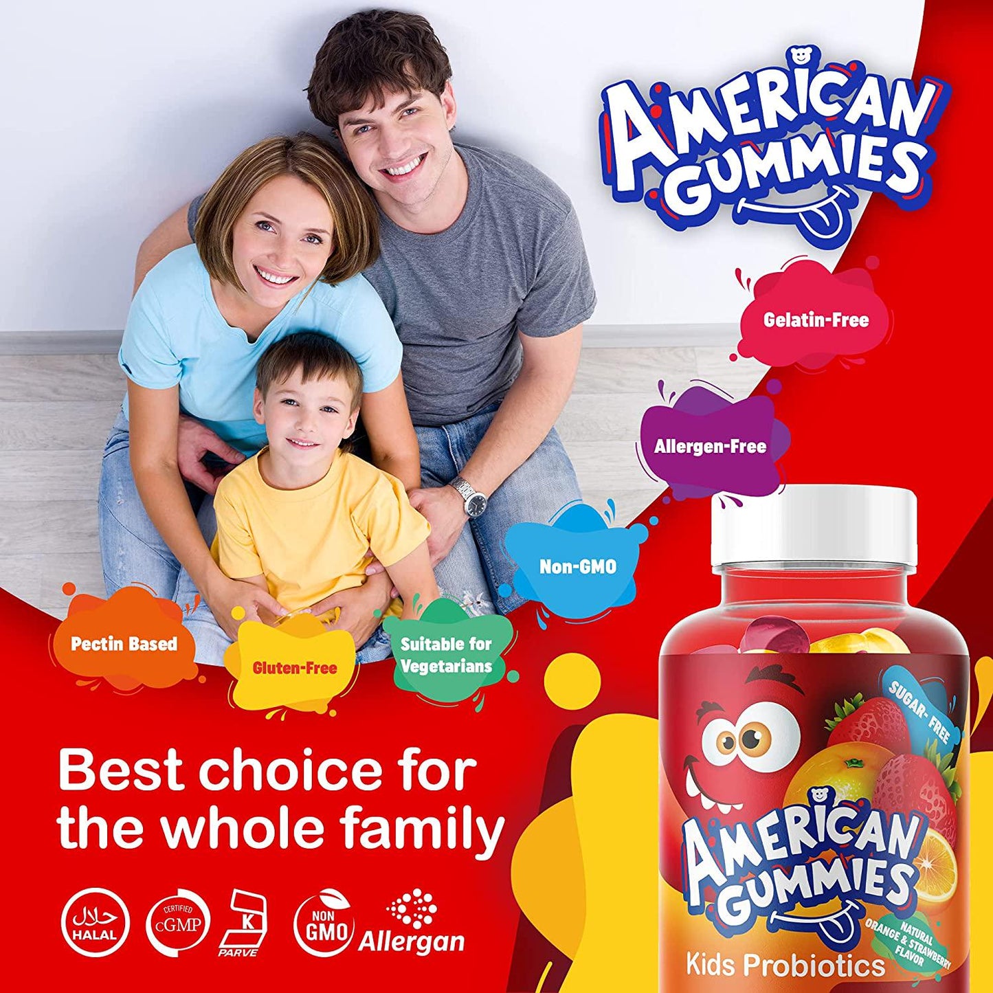 American Gummies Halal Sugar Free Probiotic for Kids: Delicious Orange and Strawberry Flavors, Enhance Digestion, Lessen Tummy Discomfort, 160 Gummies