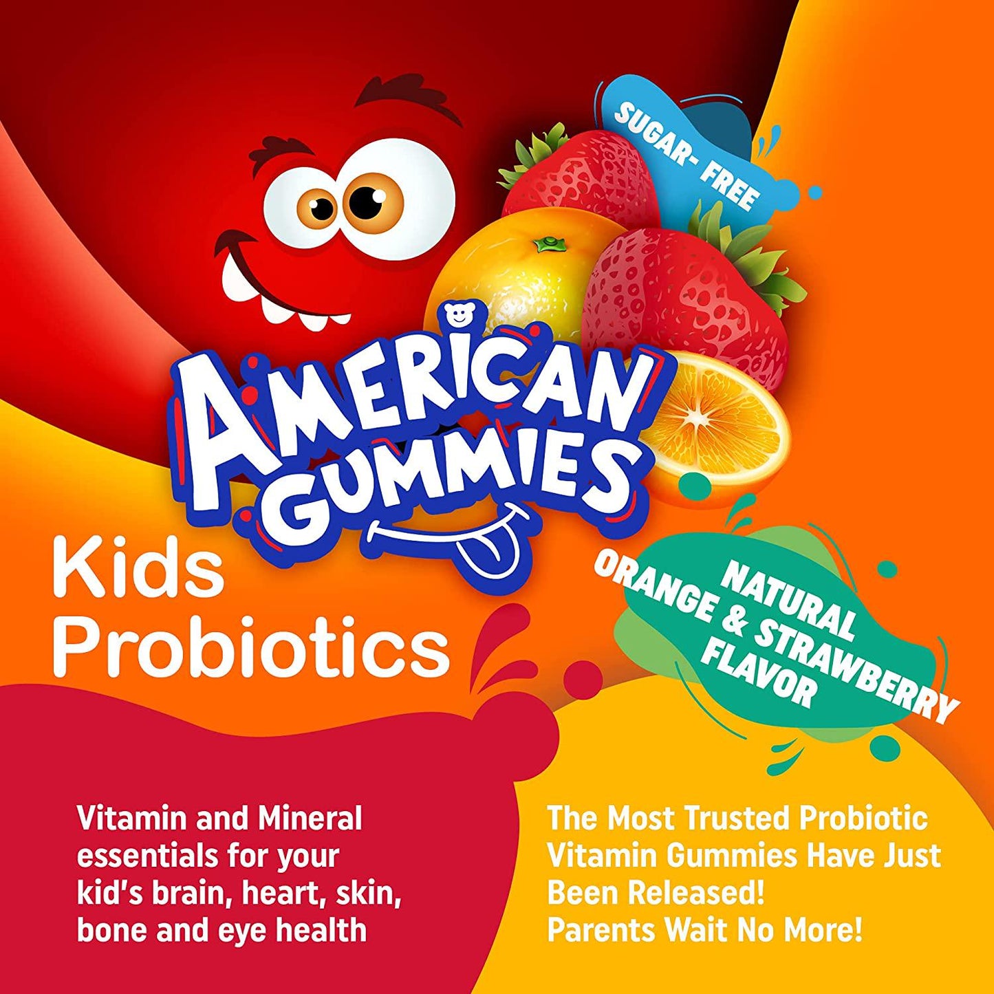 American Gummies Halal Sugar Free Probiotic for Kids: Delicious Orange and Strawberry Flavors, Enhance Digestion, Lessen Tummy Discomfort, 160 Gummies