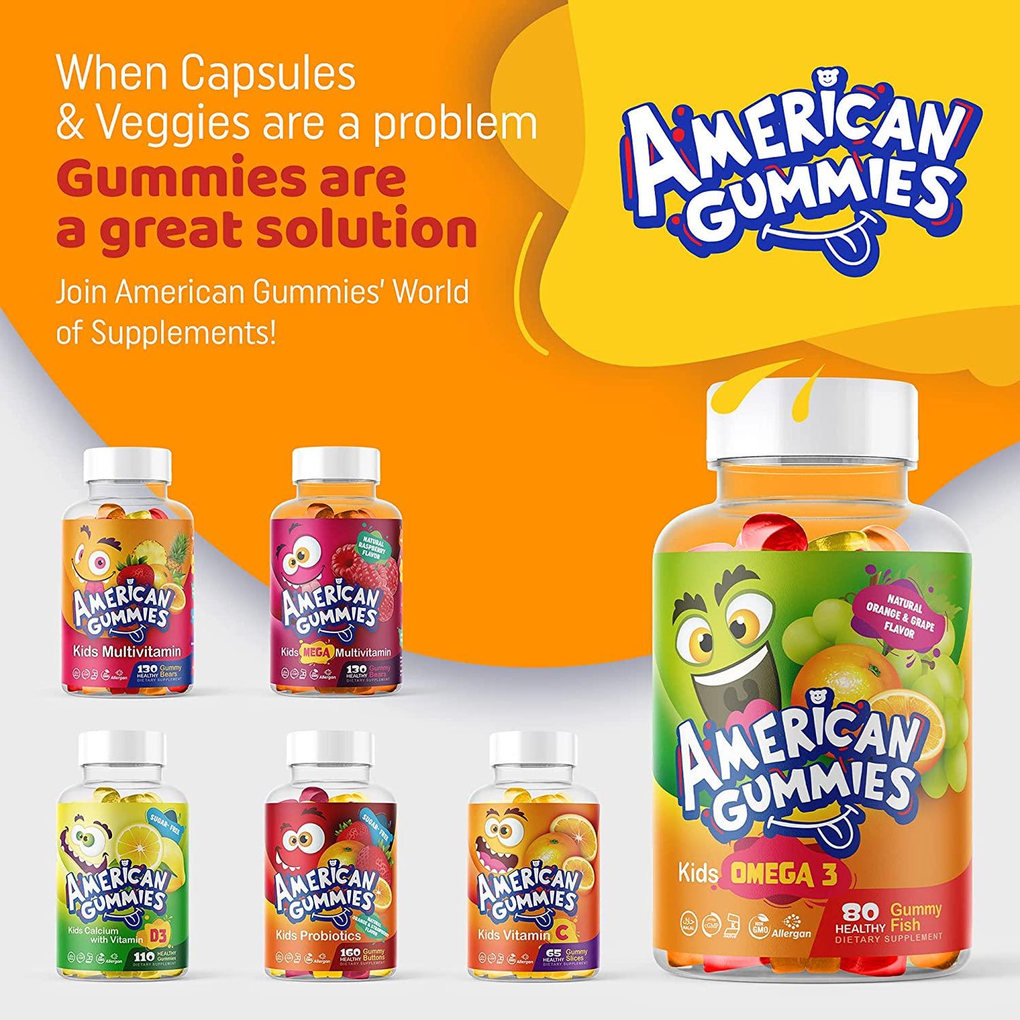 American Gummies Halal Omega-3 for Kids: Daily Chewable Gummy Supplement, Natural Orange Flavor, Fatty Acids Promote Heart Health and Cognitive Development 80 Gummies