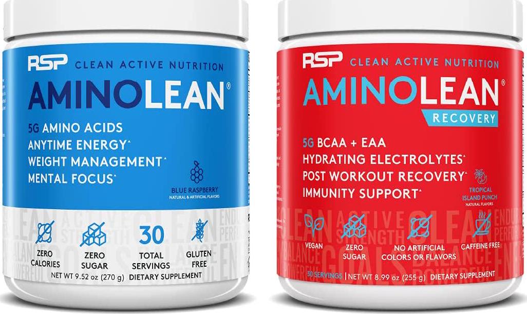 AminoLean Pre Workout Energy (Blue Raspberry 30 Servings) with AminoLean Recovery Post Workout Boost (Tropical Island Punch 30 Servings)