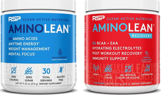 AminoLean Pre Workout Energy (Blue Raspberry 30 Servings) with AminoLean Recovery Post Workout Boost (Tropical Island Punch 30 Servings)