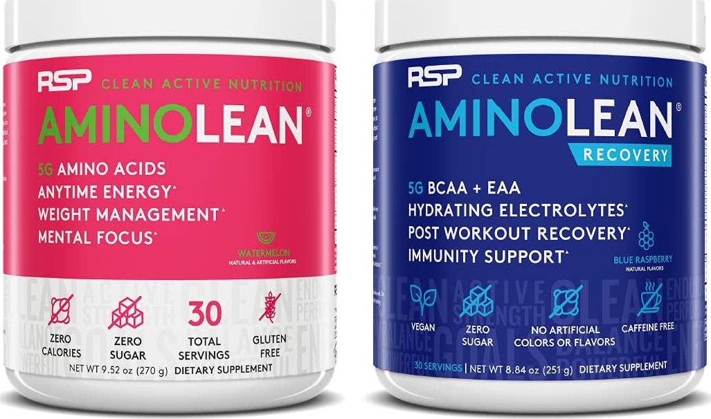 AminoLean Pre Workout Energy (Watermelon 30 Servings) with AminoLean Recovery Post Workout Boost (Blue Raspberry 30 Servings)