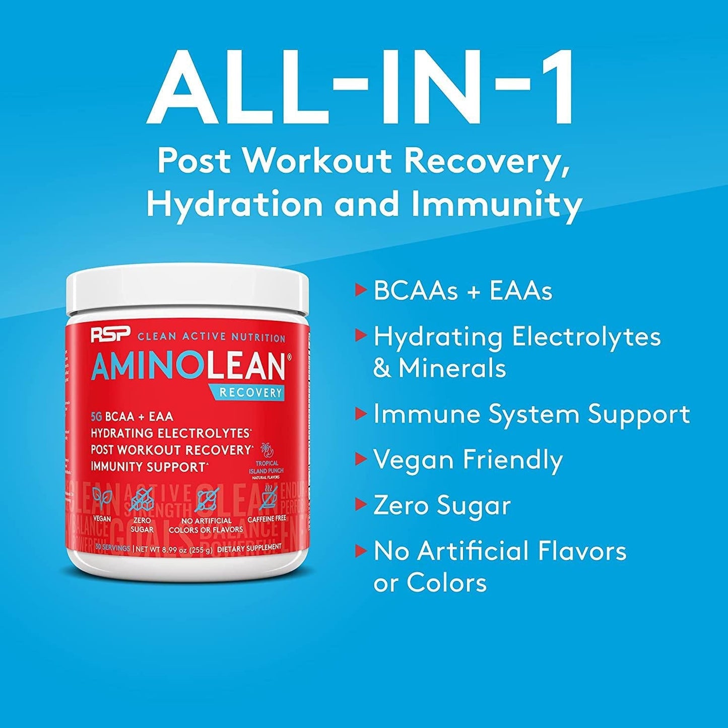 AminoLean Pre Workout Energy (BlackBerry Pomegranate 30 Servings) with AminoLean Recovery Post Workout Boost (Tropical Island Punch 30 Servings)