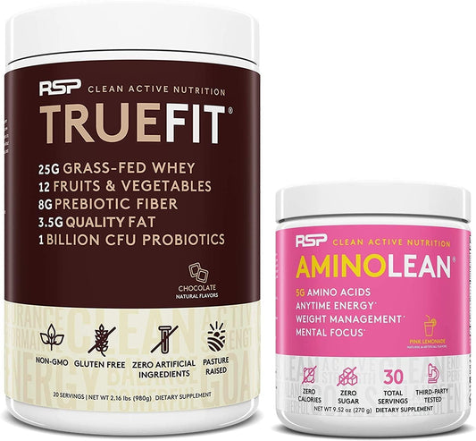 AminoLean Pre Workout Energy (Pink Lemonade 30 Servings) with TrueFit Protein Powder (Chocolate 2 LB)