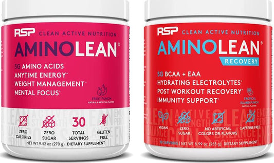AminoLean Pre Workout Energy (Fruit Punch 30 Servings) with AminoLean Recovery Post Workout Boost (Tropical Island Punch 30 Servings)