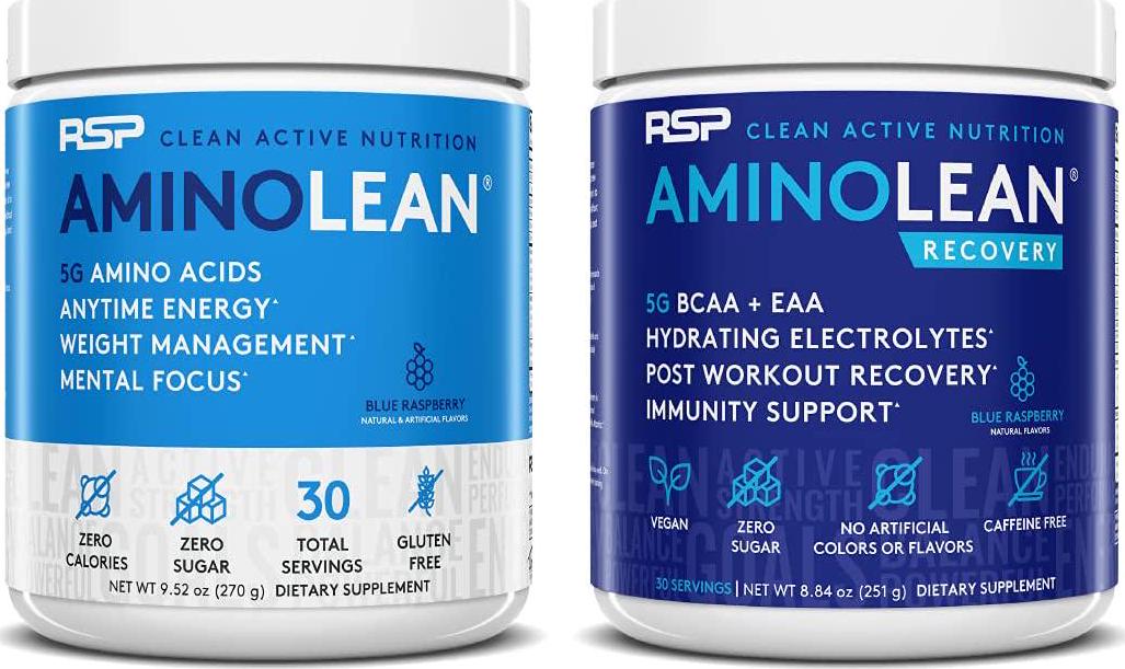AminoLean Pre Workout Energy (Blue Raspberry 30 Servings) with AminoLean Recovery Post Workout Boost (Blue Raspberry 30 Servings)
