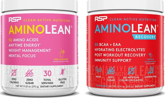AminoLean Pre Workout Energy (Pink Lemonade 30 Servings) with AminoLean Recovery Post Workout Boost (Tropical Island Punch 30 Servings)