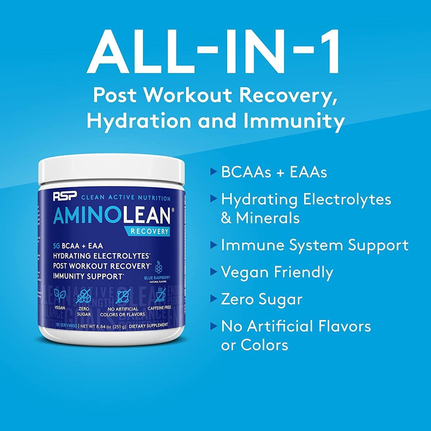 AminoLean Pre Workout Energy (Blue Raspberry 30 Servings) with AminoLean Recovery Post Workout Boost (Blue Raspberry 30 Servings)