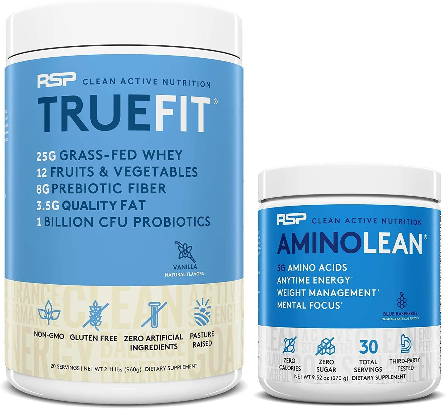 AminoLean Pre Workout Energy (Blue Raspberry 30 Servings) with TrueFit Protein Powder (Vanilla 2 LB)