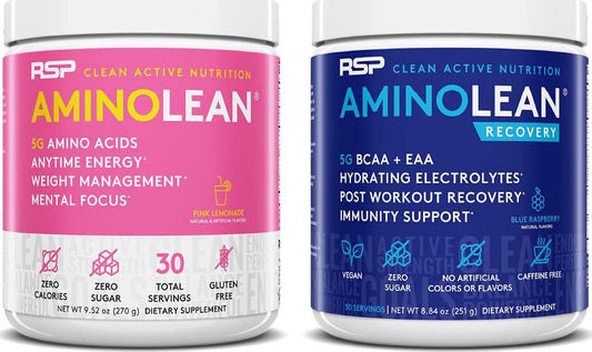 AminoLean Pre Workout Energy (Pink Lemonade 30 Servings) with AminoLean Recovery Post Workout Boost (Blue Raspberry 30 Servings)