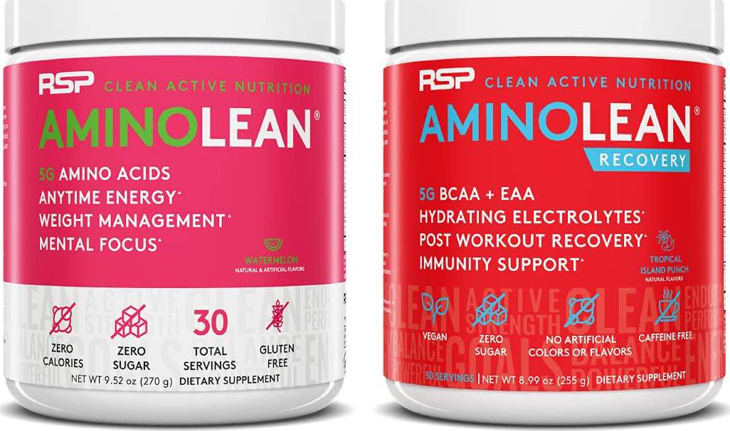 AminoLean Pre Workout Energy (Watermelon 30 Servings) with AminoLean Recovery Post Workout Boost (Tropical Island Punch 30 Servings)