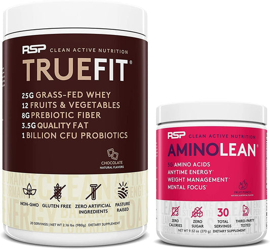 AminoLean Pre Workout Energy (Fruit Punch 30 Servings) with TrueFit Protein Powder (Chocolate 2 LB)