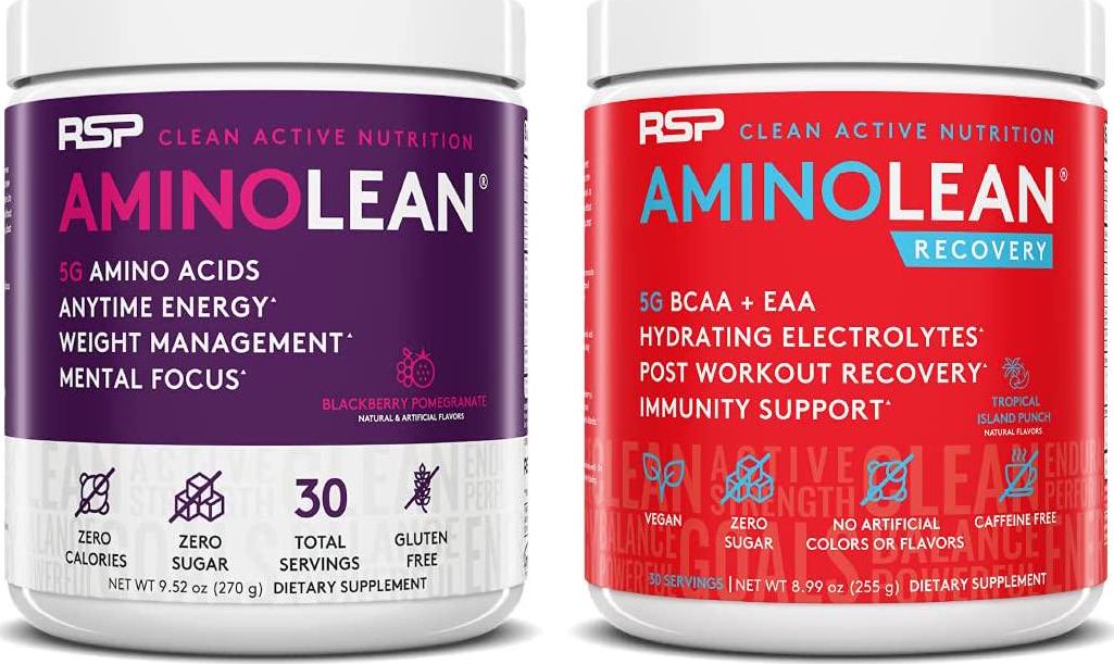 AminoLean Pre Workout Energy (BlackBerry Pomegranate 30 Servings) with AminoLean Recovery Post Workout Boost (Tropical Island Punch 30 Servings)