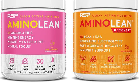AminoLean Pre Workout Energy (Pink Lemonade 30 Servings) with AminoLean Recovery Post Workout Boost (Blood Orange 30 Servings)