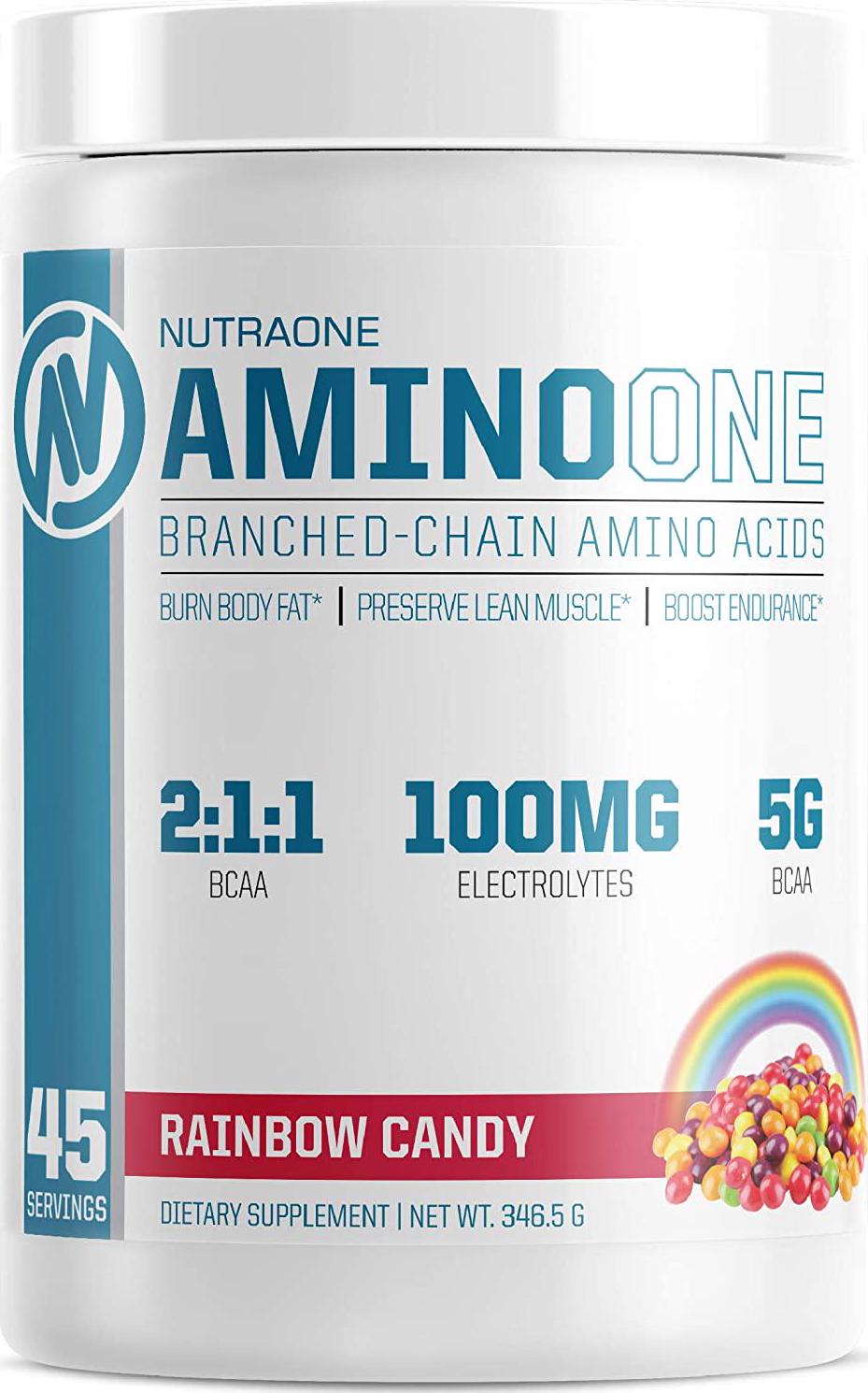 AminoOne BCAA Powder Supplement by NutraOne Branched Chain Amino Acids to Help Fuel and Recover (Rainbow Candy - 45 Servings)