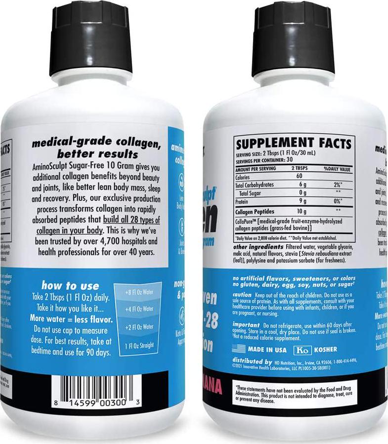 AminoSculpt Collagen Sugar-Free 10 Gram, Strawberry Banana, 30 Fl Oz by Health Direct