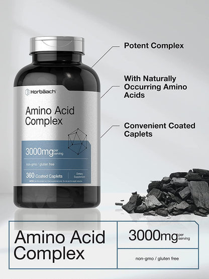 Amino Acid Complex 3000mg | 360 Caplets | Non-GMO, Gluten Free Amino Acids Supplement | by Horbaach