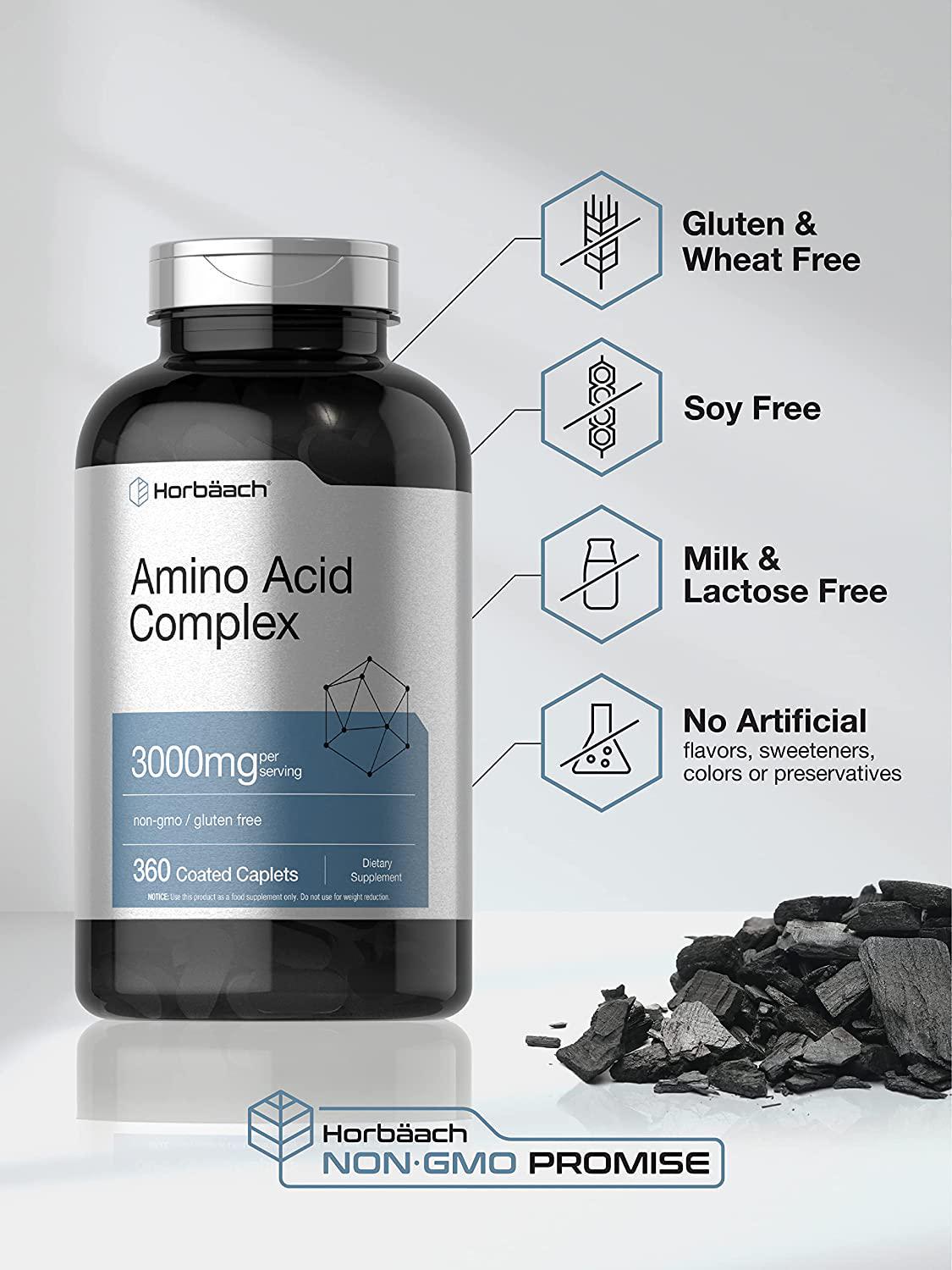 Amino Acid Complex 3000mg | 360 Caplets | Non-GMO, Gluten Free Amino Acids Supplement | by Horbaach