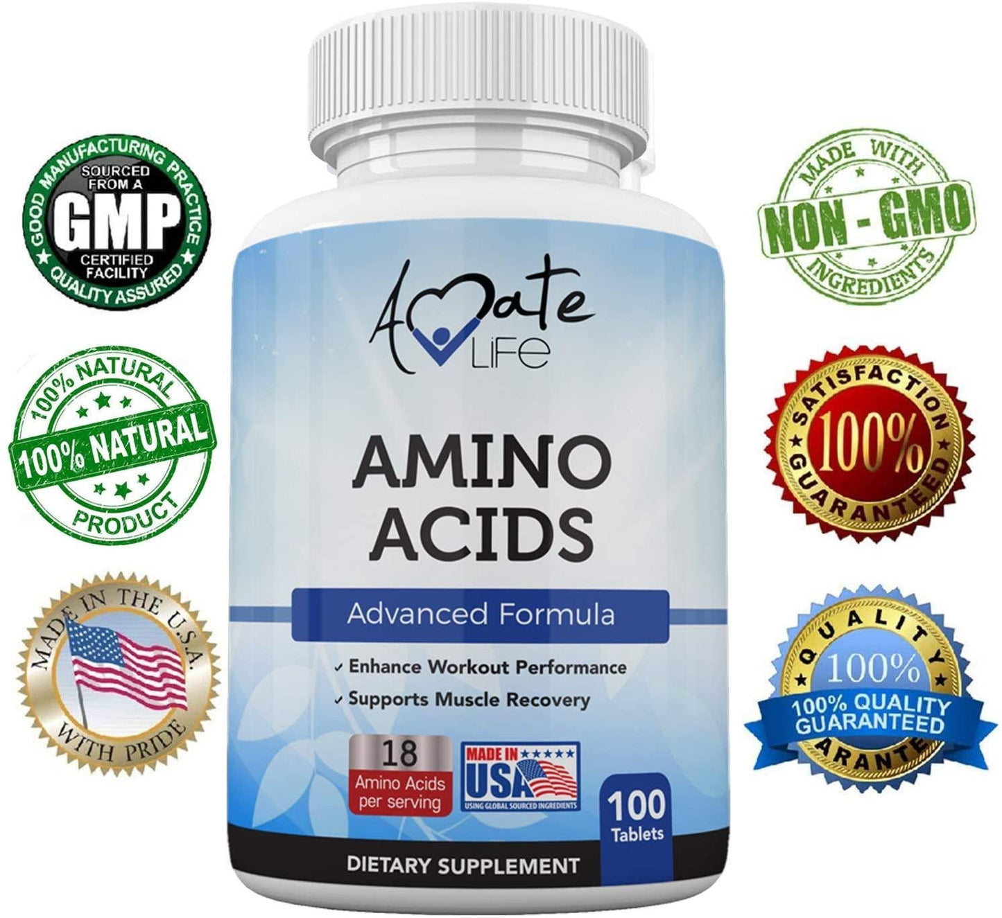 Amino Acids Supplement Post Workout Enhancer Essential Amino Energy to Support Muscle Recovery Advanced Energy Booster Non-GMO Formula 100 Tablets Made in USA by Amate Life