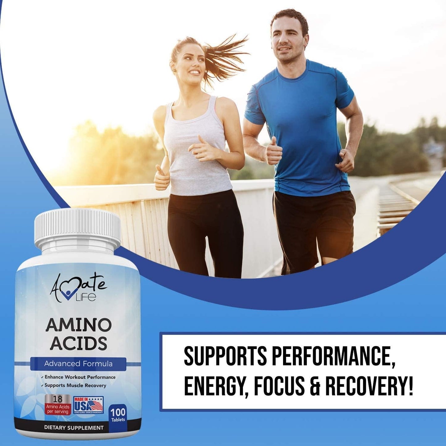Amino Acids Supplement Post Workout Enhancer Essential Amino Energy to Support Muscle Recovery Advanced Energy Booster Non-GMO Formula 100 Tablets Made in USA by Amate Life