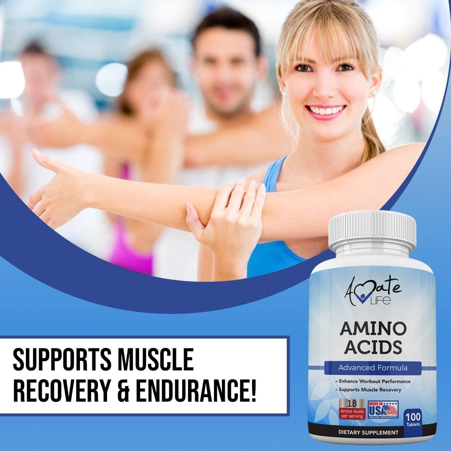 Amino Acids Supplement Post Workout Enhancer Essential Amino Energy to Support Muscle Recovery Advanced Energy Booster Non-GMO Formula 100 Tablets Made in USA by Amate Life