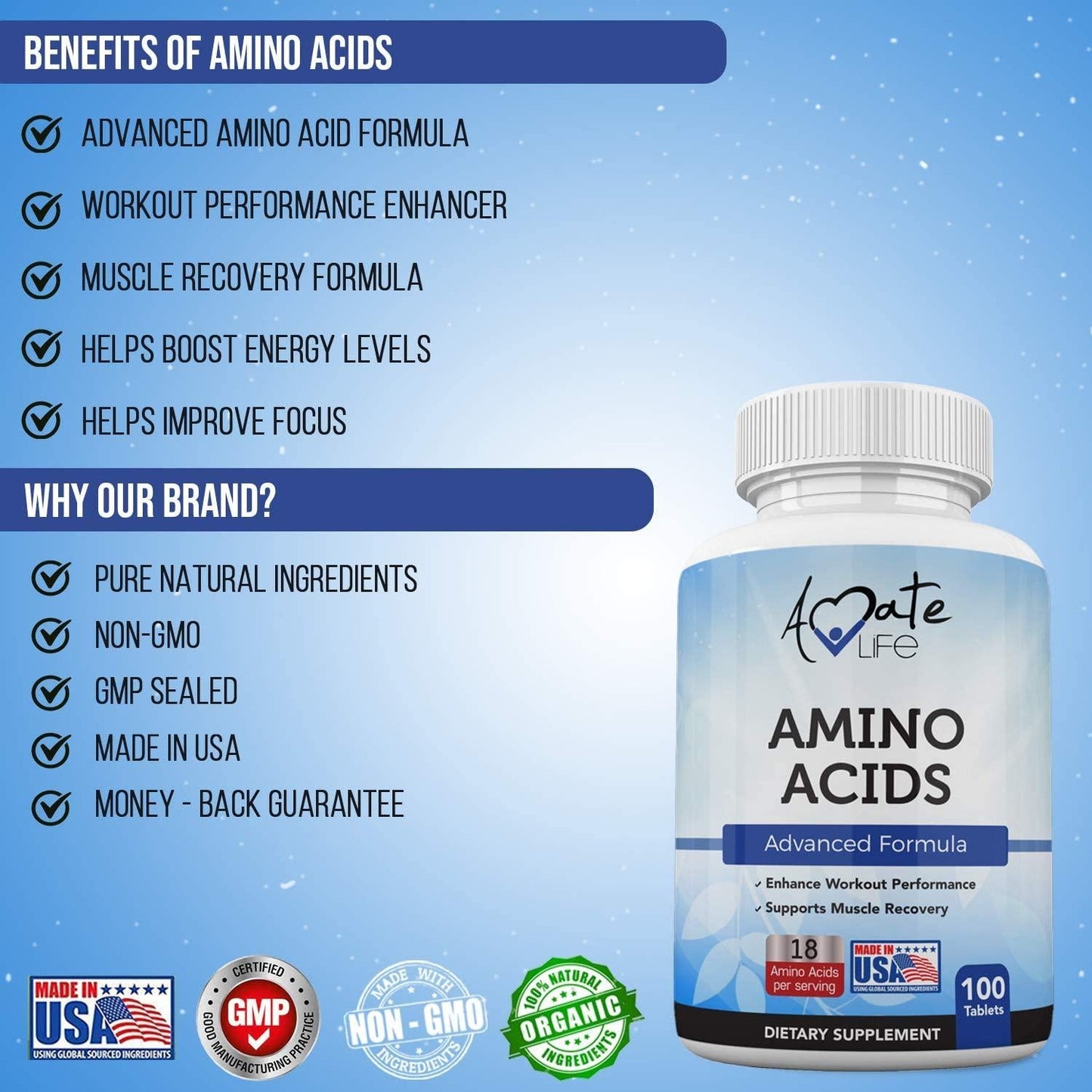 Amino Acids Supplement Post Workout Enhancer Essential Amino Energy to Support Muscle Recovery Advanced Energy Booster Non-GMO Formula 100 Tablets Made in USA by Amate Life