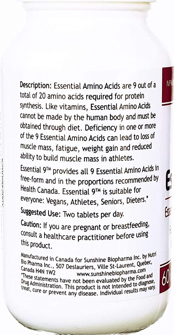 Amino Acids Supplement Pills, All Essential Amino Acids EAA, Tablets. Improve Protein Synthesis, Muscle Repair, Growth, Recovery, Endurance, Less Muscle Soreness, from Sunshine Biopharma.