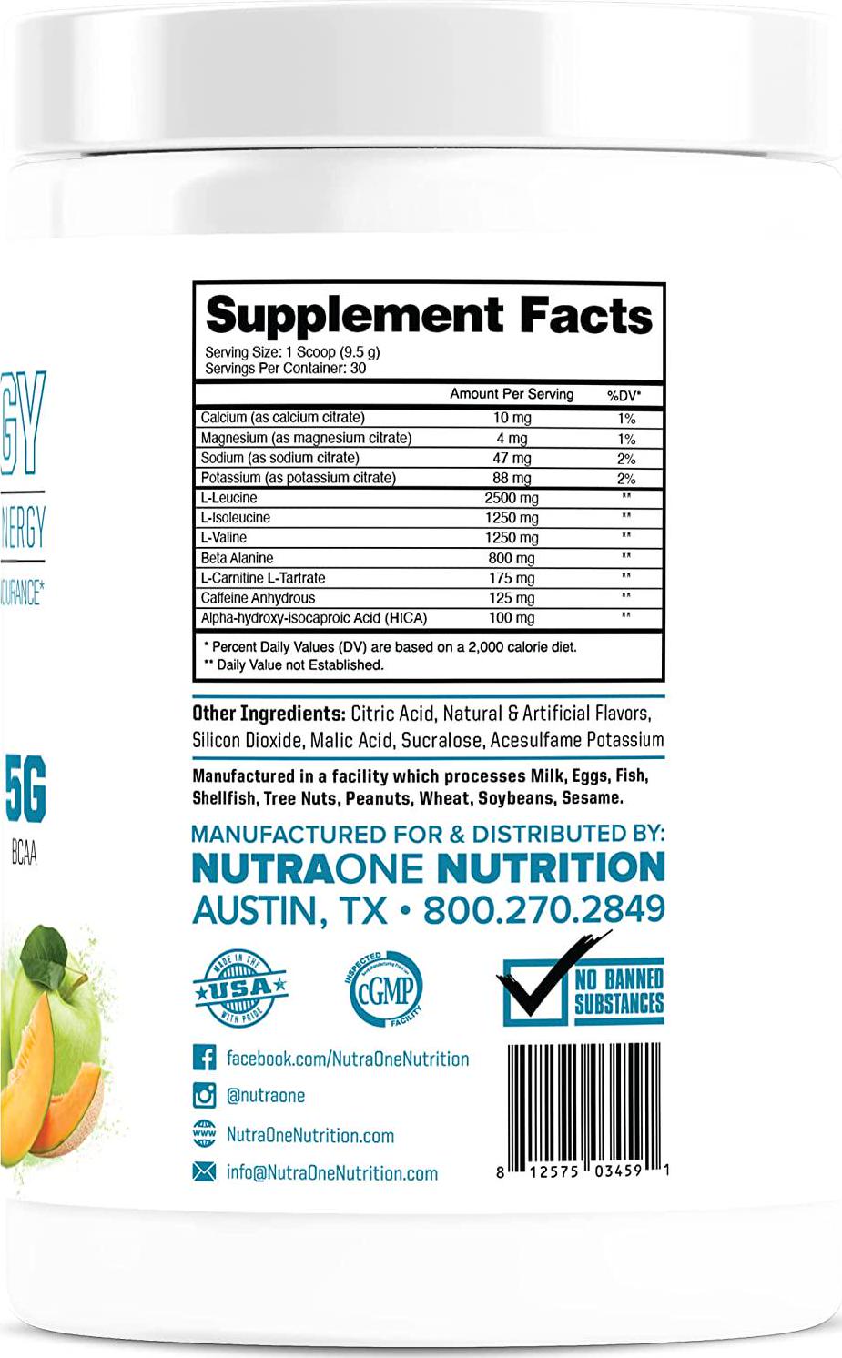 Amino Energy BCAA Powder Pre-Workout Supplement with Caffeine by NutraOne Branched Chain Amino Acids to Help Fuel and Recover* (Apple Melon 30 Servings)