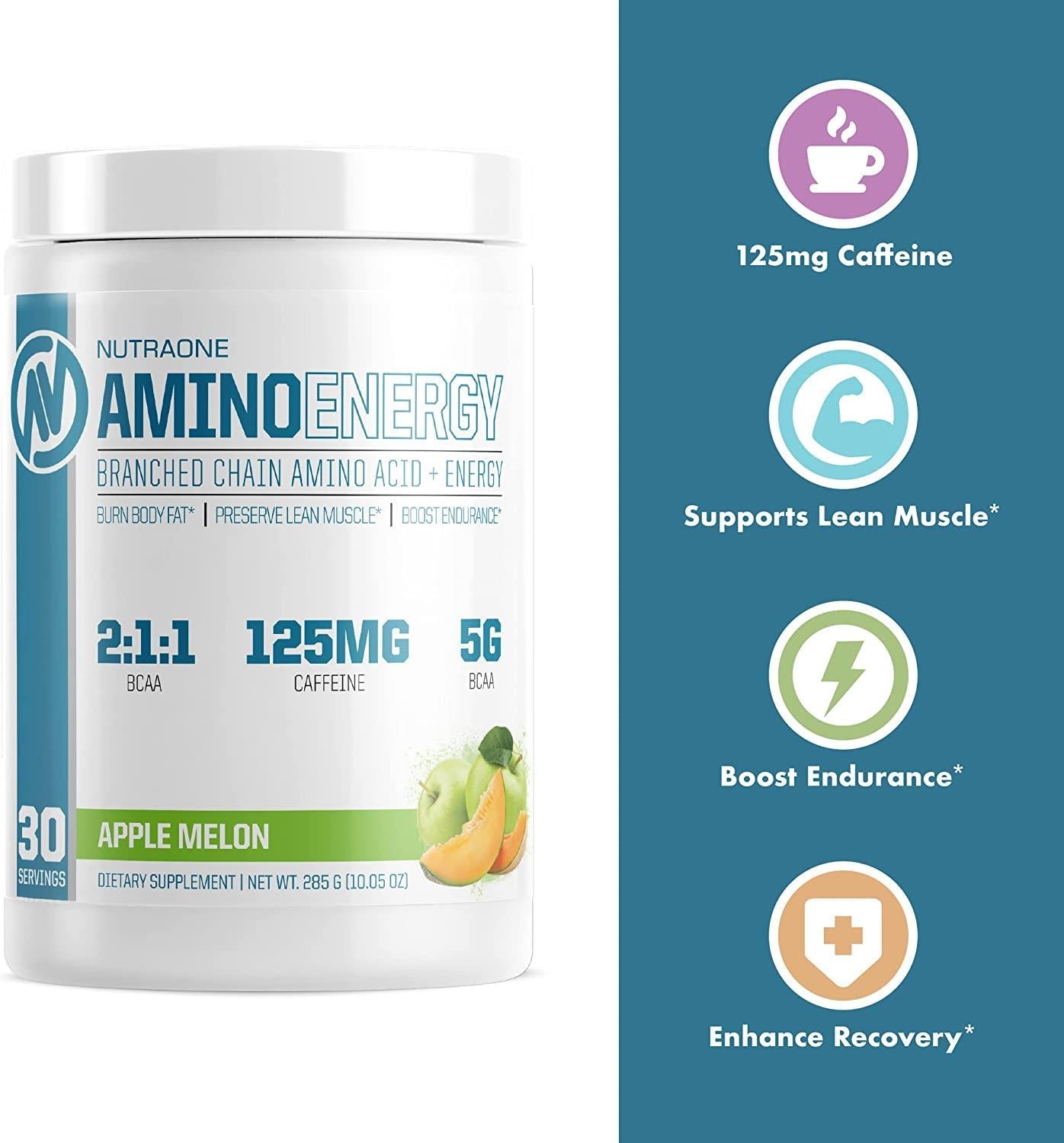 Amino Energy BCAA Powder Pre-Workout Supplement with Caffeine by NutraOne Branched Chain Amino Acids to Help Fuel and Recover* (Apple Melon 30 Servings)