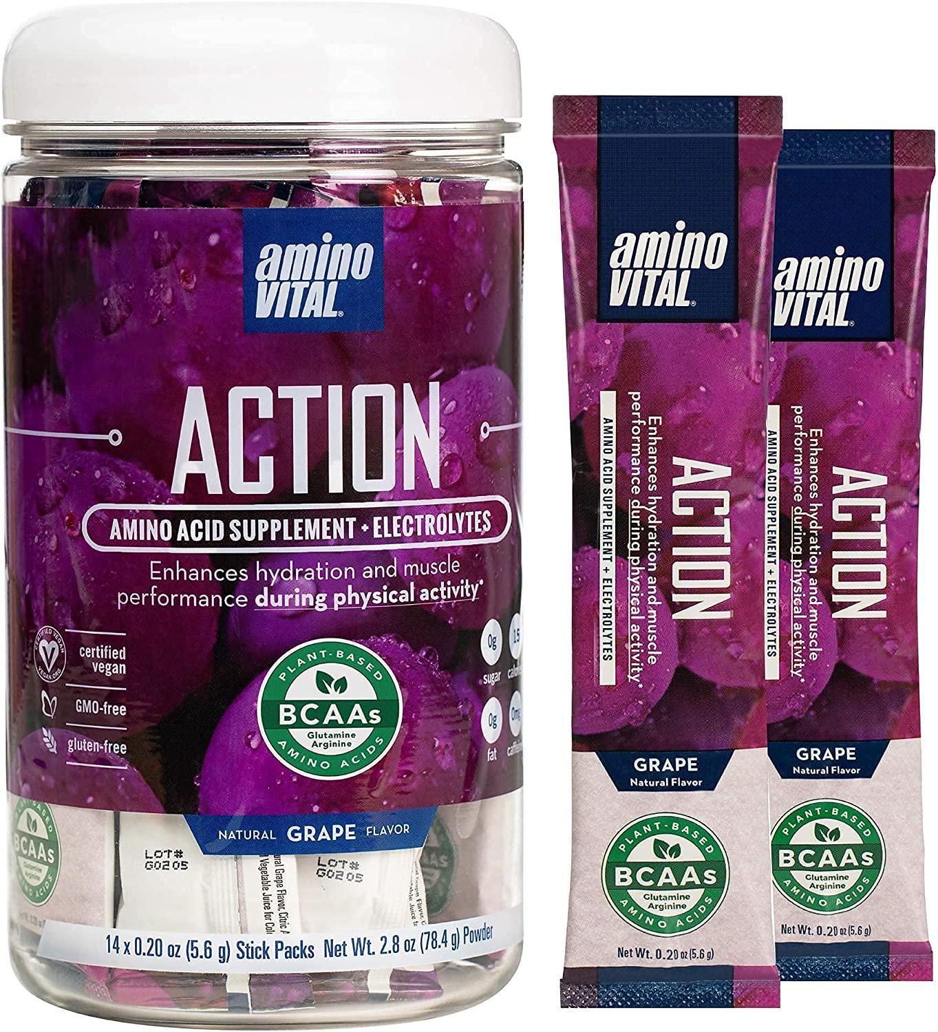 Amino VITAL Action- BCAA Amino Acid Drink Mix | Single Serve Pre Workout Packets for Energy and Hydration | No Caffeine, Keto, Vegan Supplement | 28 Stick Packs | Grape and Lemon