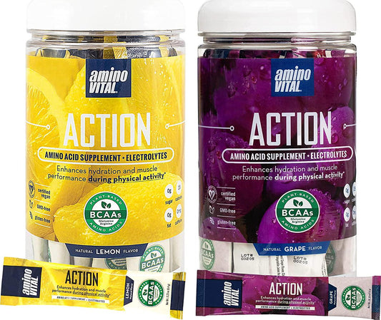 Amino VITAL Action- BCAA Amino Acid Drink Mix | Single Serve Pre Workout Packets for Energy and Hydration | No Caffeine, Keto, Vegan Supplement | 28 Stick Packs | Grape and Lemon