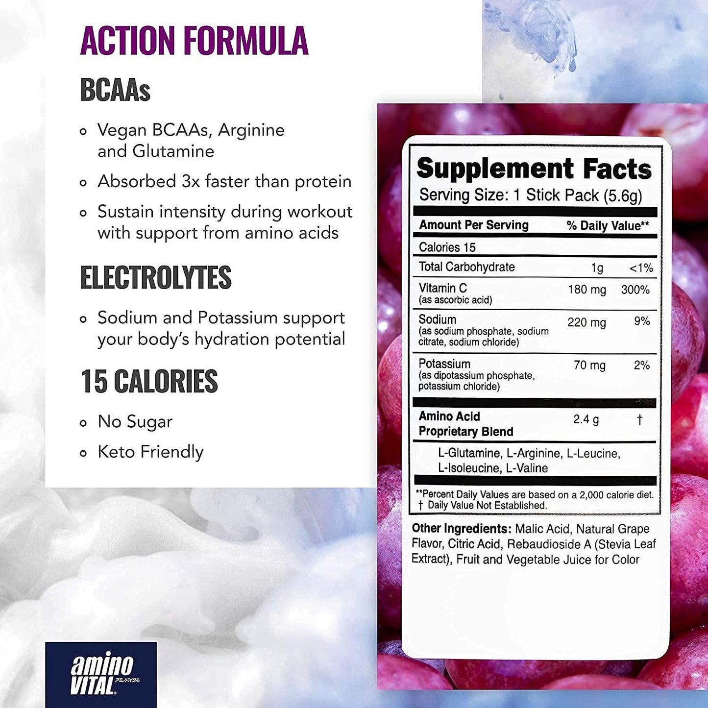 Amino VITAL Action and Rapid Recovery- BCAA Amino Acids Pre and Post Workout Packets | No Caffeine, Vegan, Gluten Free | 14 Single Serve Stick Pack | Grape and Blueberry Flavor