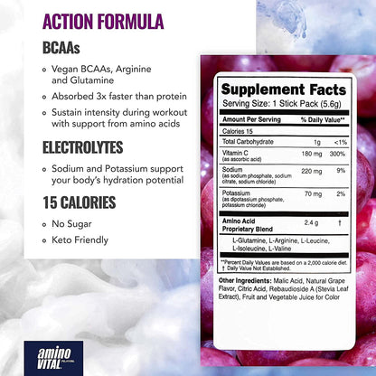 Amino VITAL Action and Rapid Recovery- BCAA Amino Acids Pre and Post Workout Packets | No Caffeine, Vegan, Gluten Free | 14 Single Serve Stick Pack | Grape and Blueberry Flavor