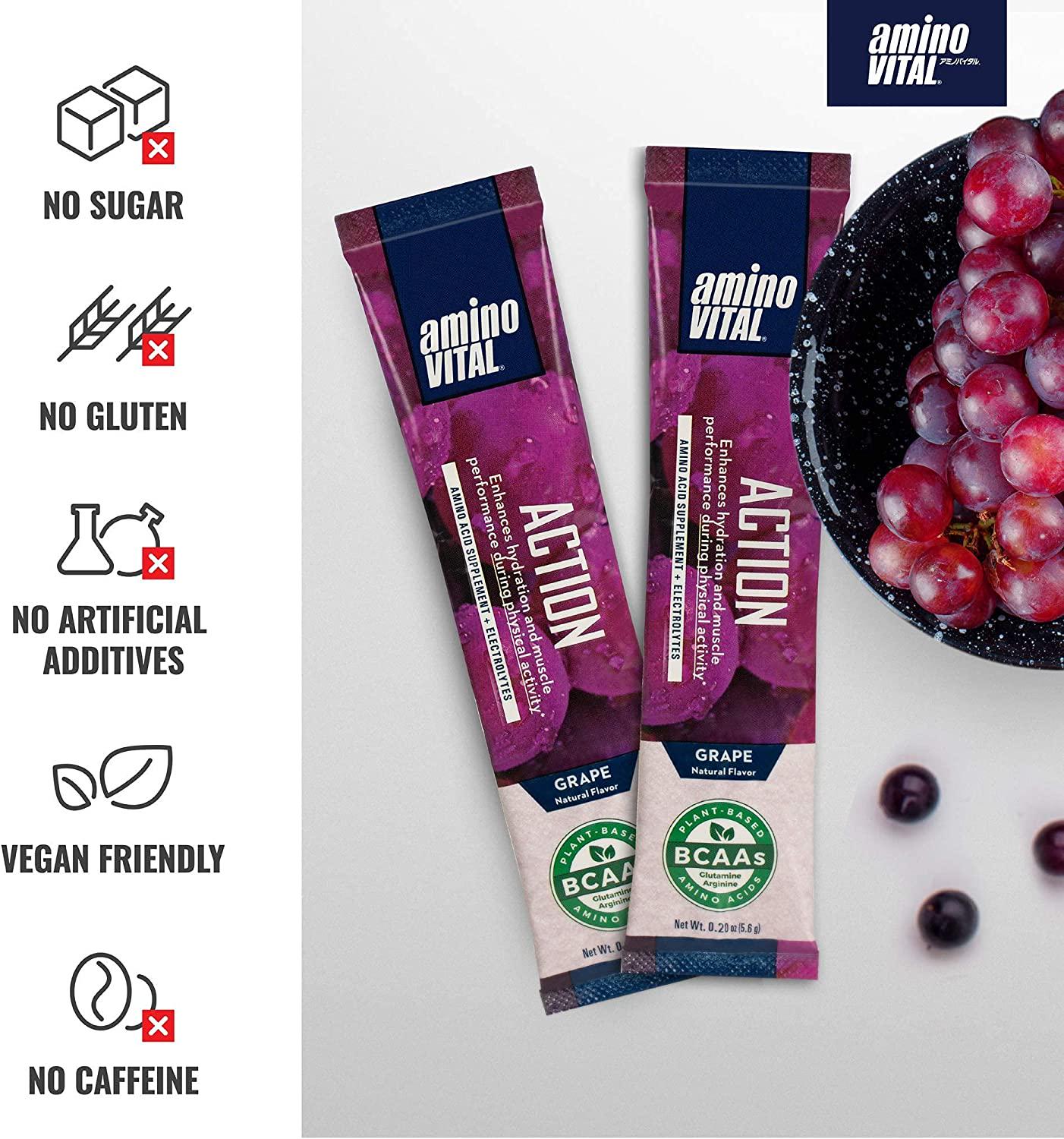 Amino VITAL Action and Rapid Recovery- BCAA Amino Acids Pre and Post Workout Packets | No Caffeine, Vegan, Gluten Free | 14 Single Serve Stick Pack | Grape and Blueberry Flavor