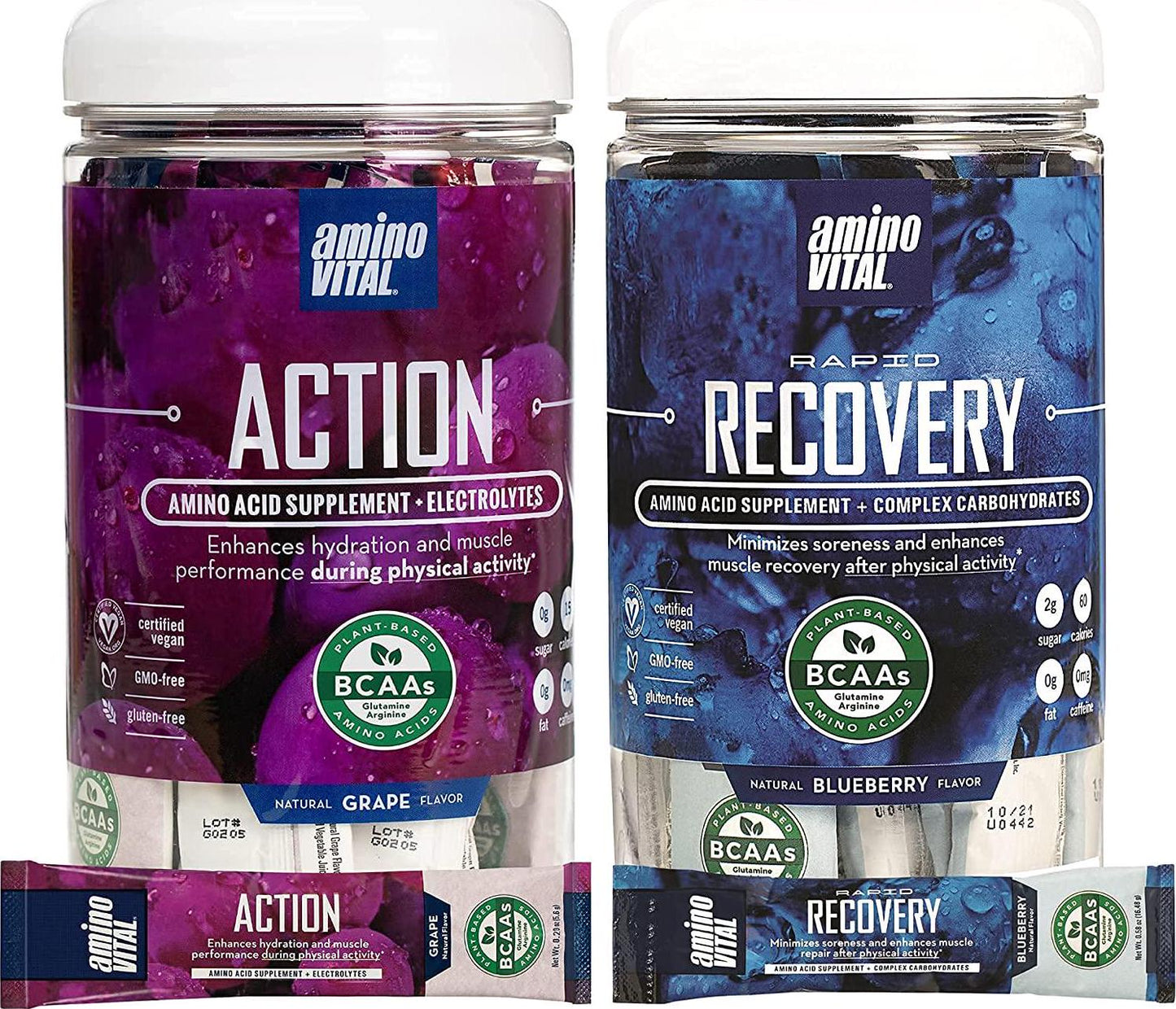 Amino VITAL Action and Rapid Recovery- BCAA Amino Acids Pre and Post Workout Packets | No Caffeine, Vegan, Gluten Free | 14 Single Serve Stick Pack | Grape and Blueberry Flavor